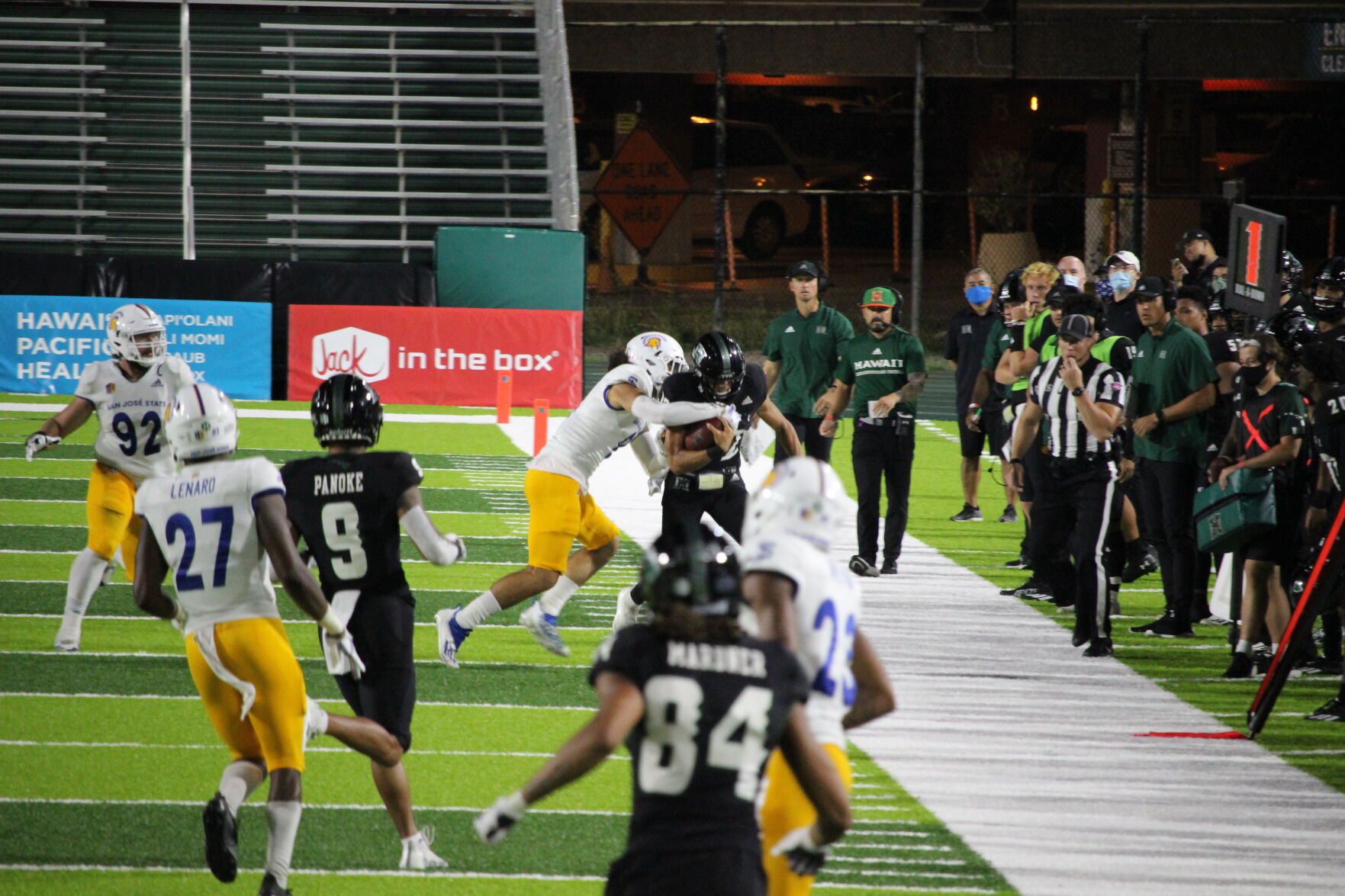 The Warriors vs. Nevada sidelines